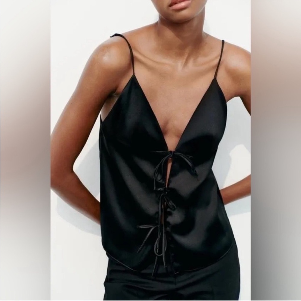Zara Black Satin Tie-Front Top